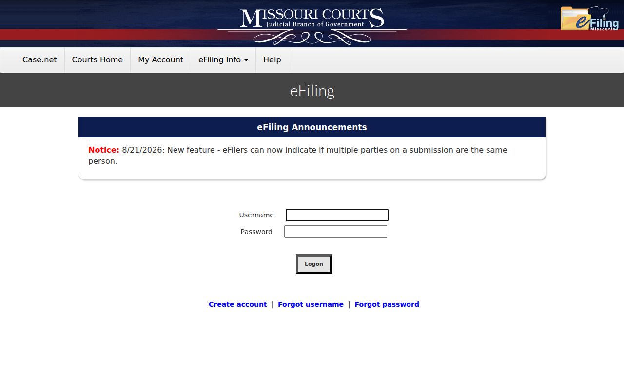 Maries County case search Missouri eFiling login source page