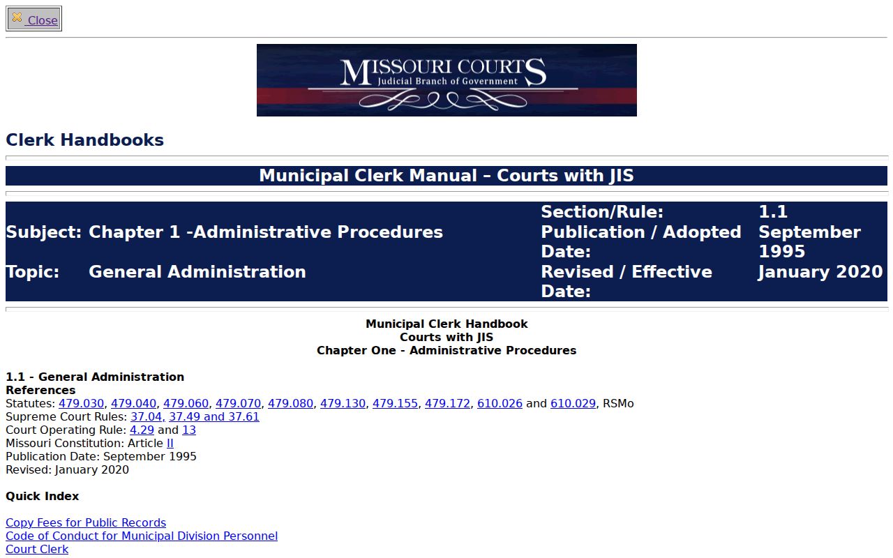 Maries County court calendar municipal clerk manual reference